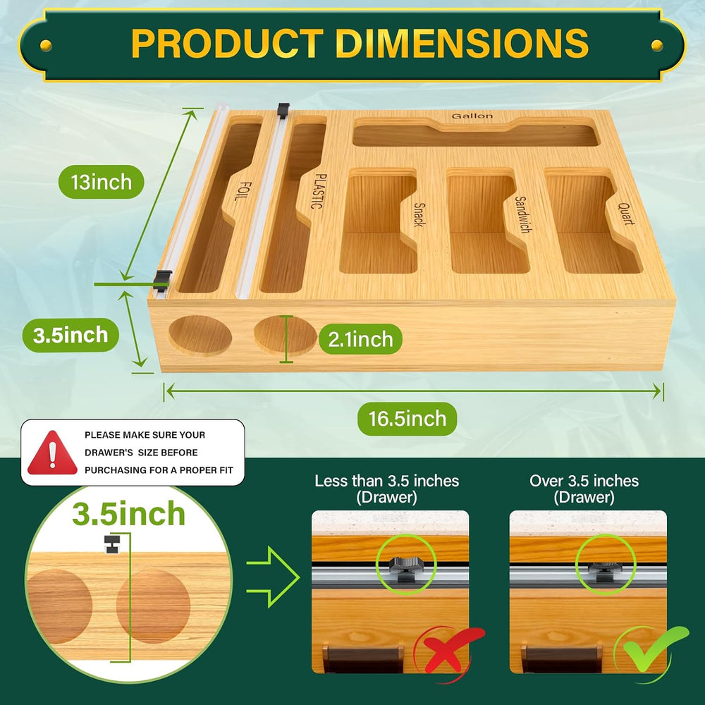 KOCWELL Bag Organizer and Plastic Wrap Dispenser with Cutter, 6 In 1 Bamboo F...