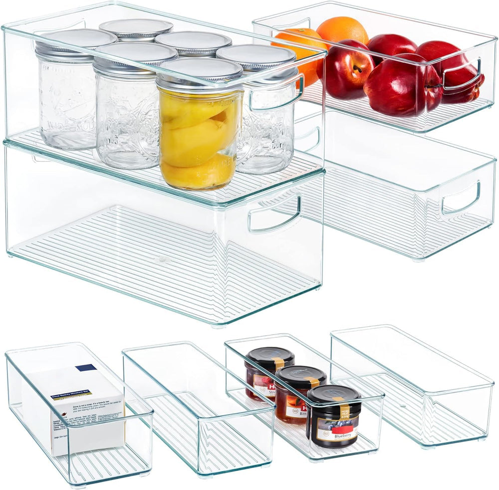 Hudgan 8 PACK Stackable Pantry Organizer Bins (3 Size) - Clear Fridge Organiz...