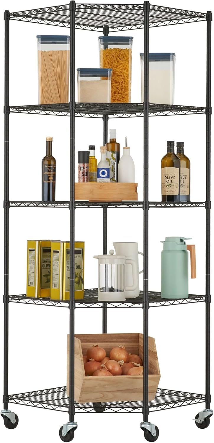 5-Tier Adjustable Wire Shelving with Wheels, Corner Wire Shelf Rack for Kitch...