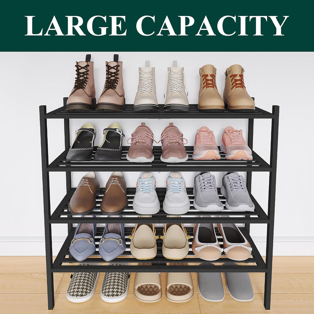 Smiry Bamboo Shoe Rack, 5 Horizontal Slats, 4 Tier - 26.8" Wide, Black