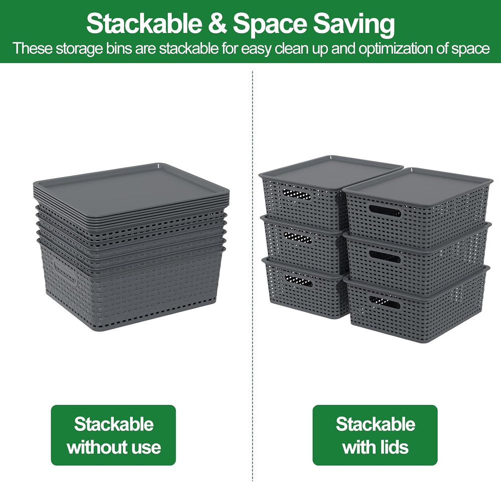 Plastic Storage Baskets with Lids, Organizer Bins, 6-Pack, Gray