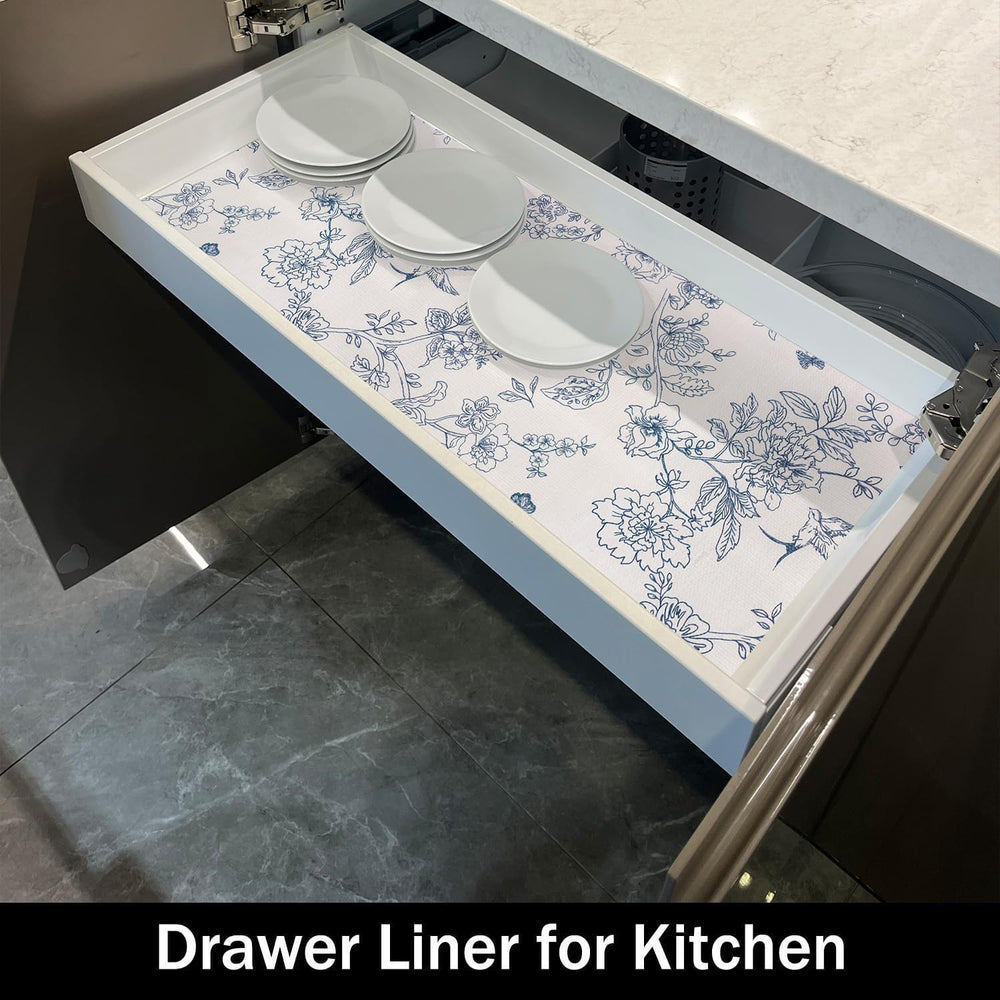 White and Bluer Bird Floral Drawer Liner, 24IN x 10FT