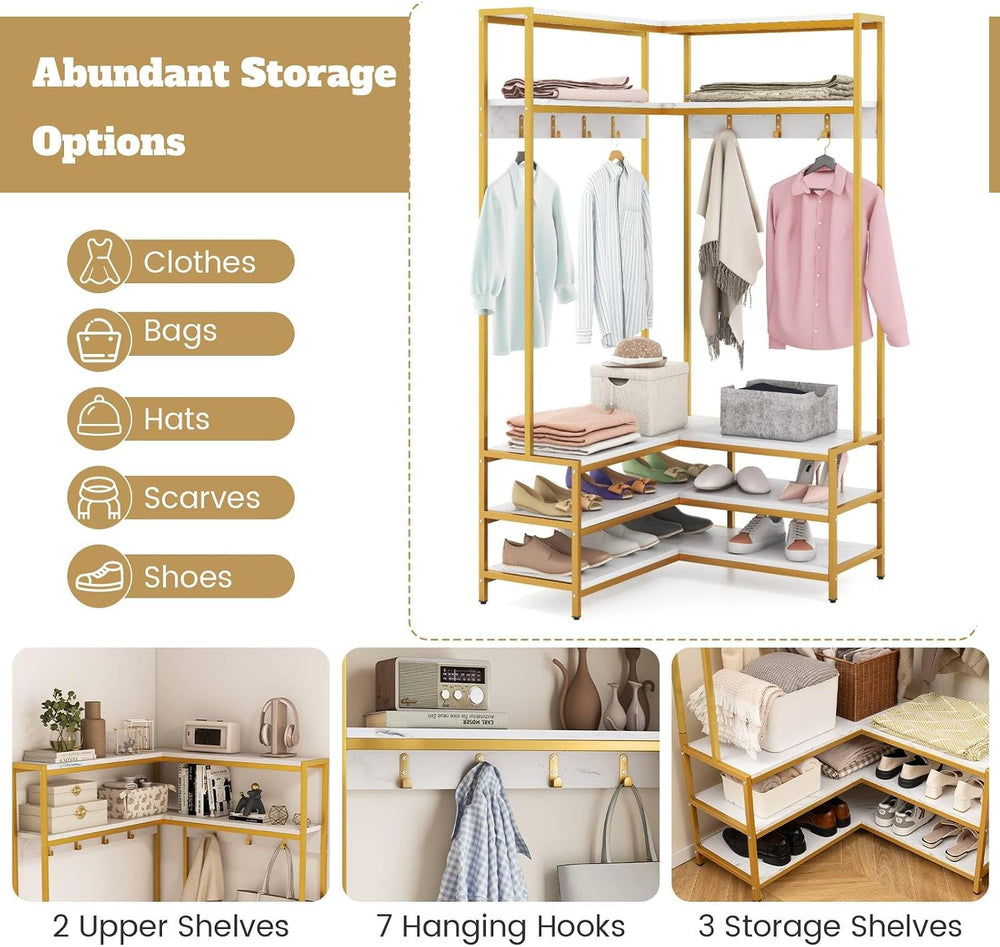 Multigot L-shaped Clothes Rack, Freestanding Corner Garment Rack Hall Tree wi...