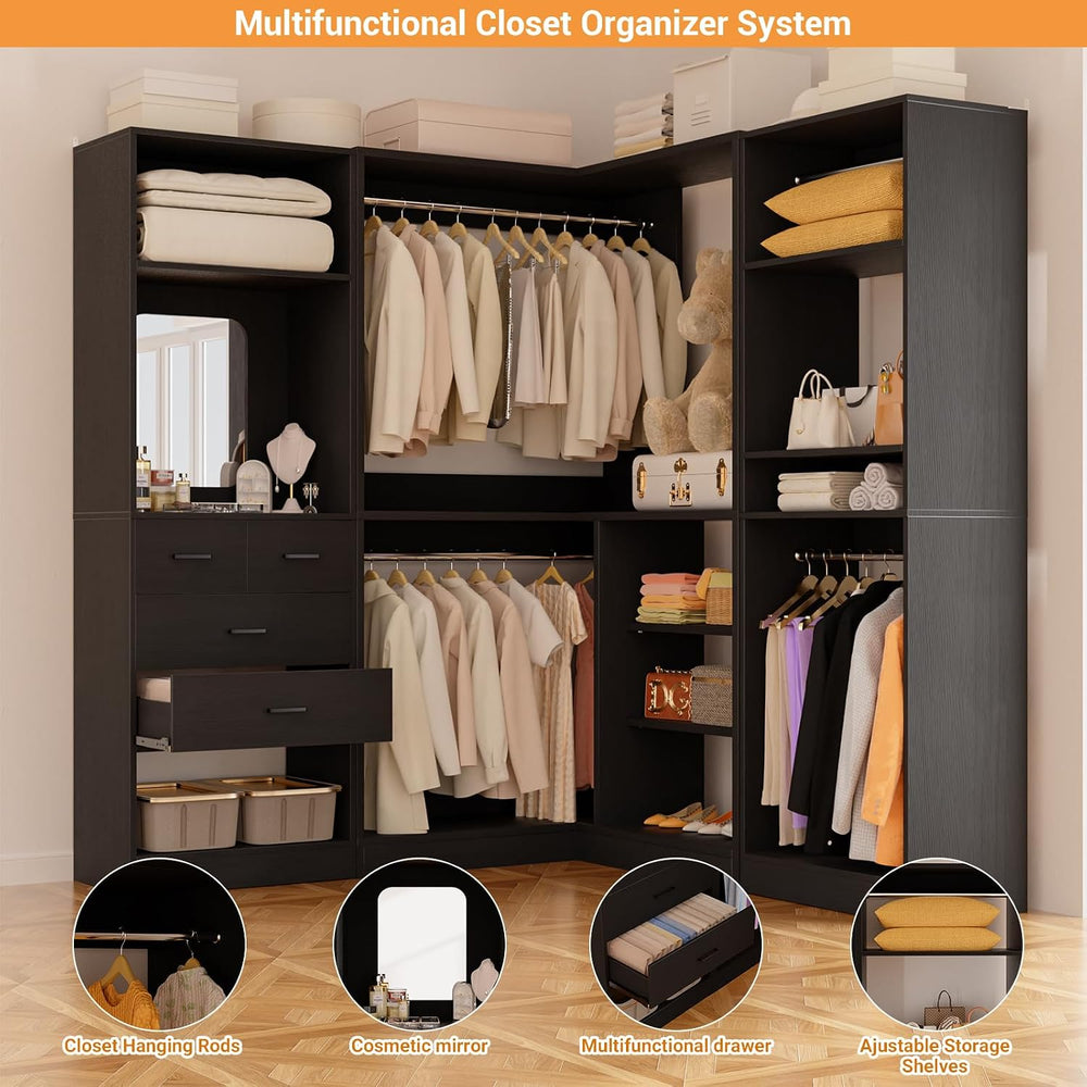 Unikito 86" Corner Closet System with 4 Drawers, 4 Hanging Rods and Mirror