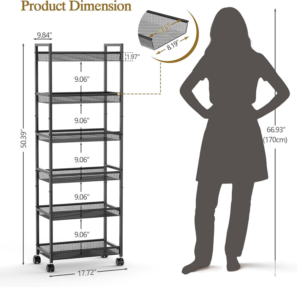 6 Tier Slim Rolling Storage Cart, Narrow Mobile Shelving Unit Organizer Utili...