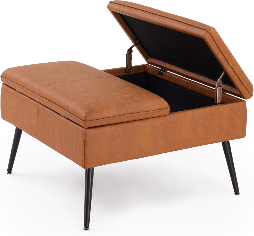 Square Ottoman with Storage Coffee Table Large Upholstered Cognac