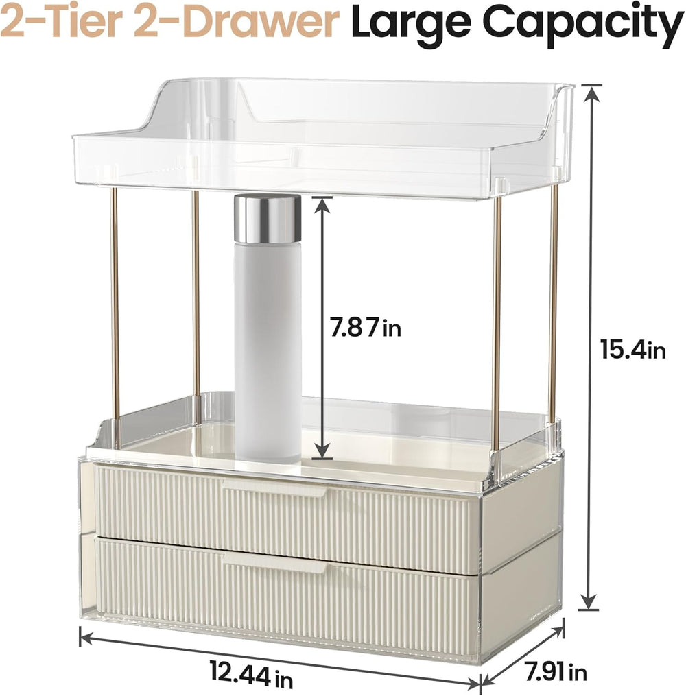 Delamu 4-Tier Makeup Organizer, Bathroom Counter, 2 Drawers,Cream White