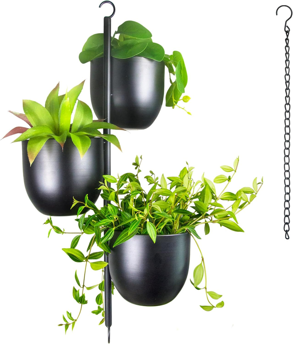 3-Tier Metal Hanging Planter with 6 Inch Oval Pots - Black Modern Triple Tier...