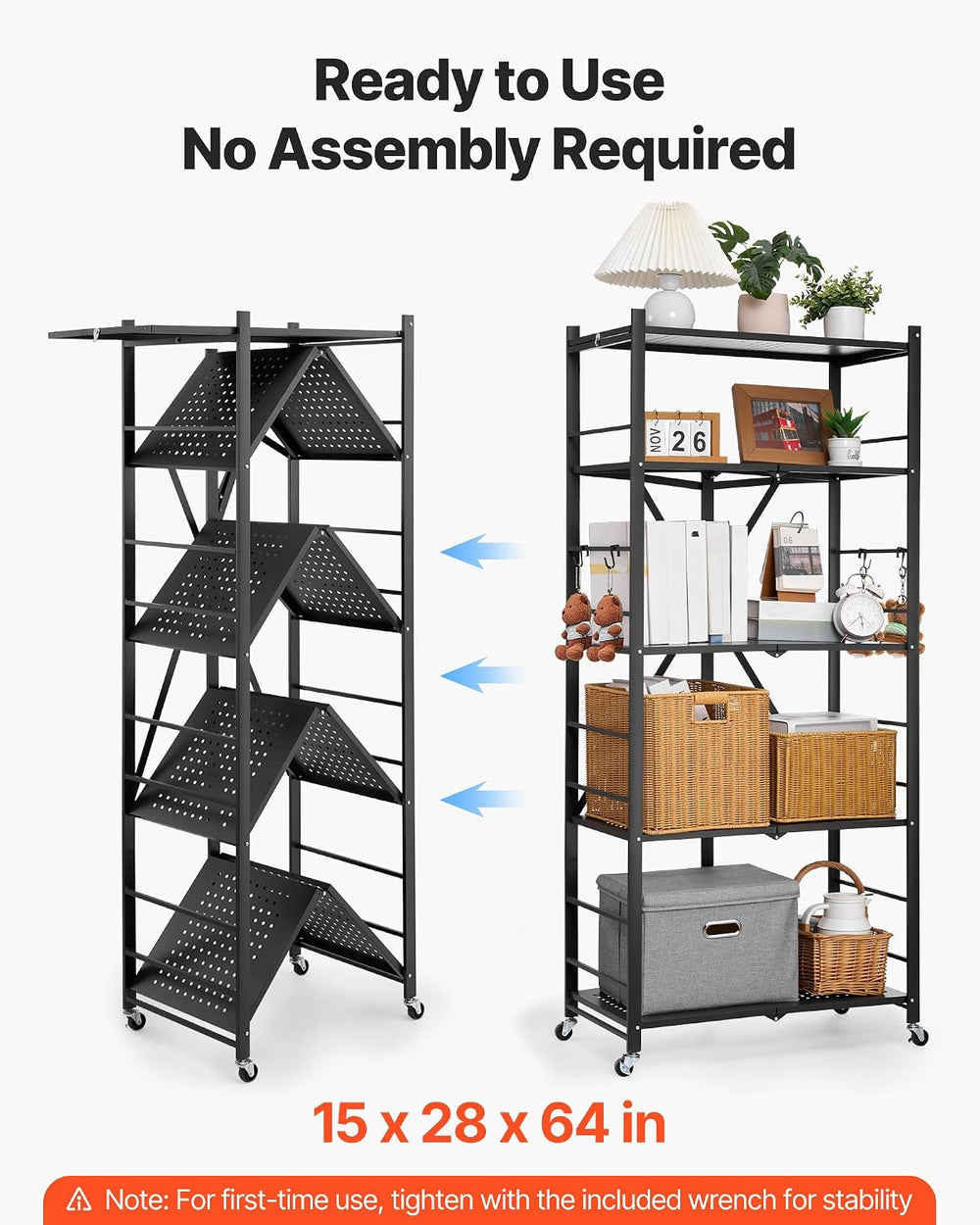 VEVOR 5-Tier Foldable Storage Shelf, 28W x 15D x 64H Inch Folding Metal Rack ...