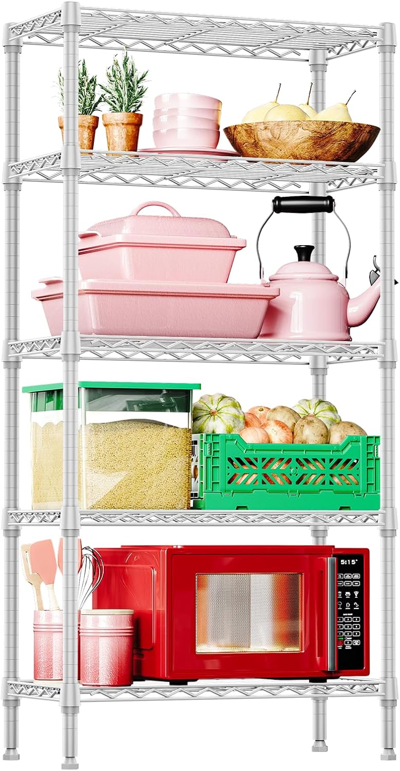 IZEUK 5 Tier White Metal Storage Shelves, Heavy Duty Wire Shelving Rack for G...