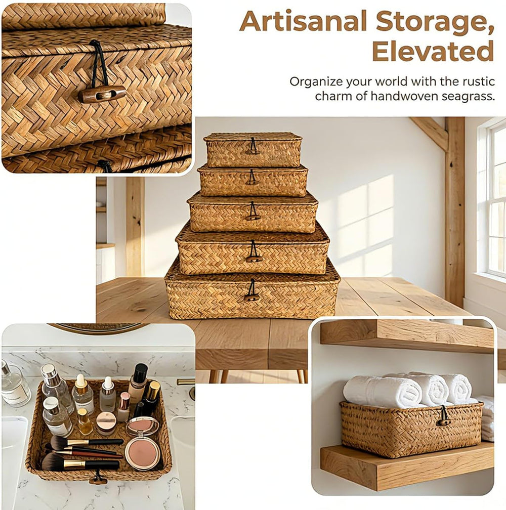 Wicker Basket with Lid,Seagrass Flat Storage Bins, Set of 5