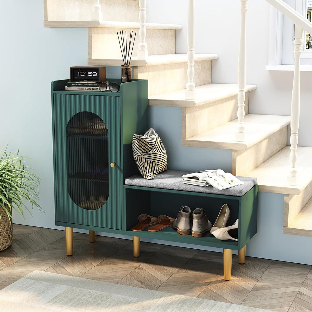 HLR Storage Bench Set of 2, Green Modern Entryway Shoe Cabinet Bench with Gla...