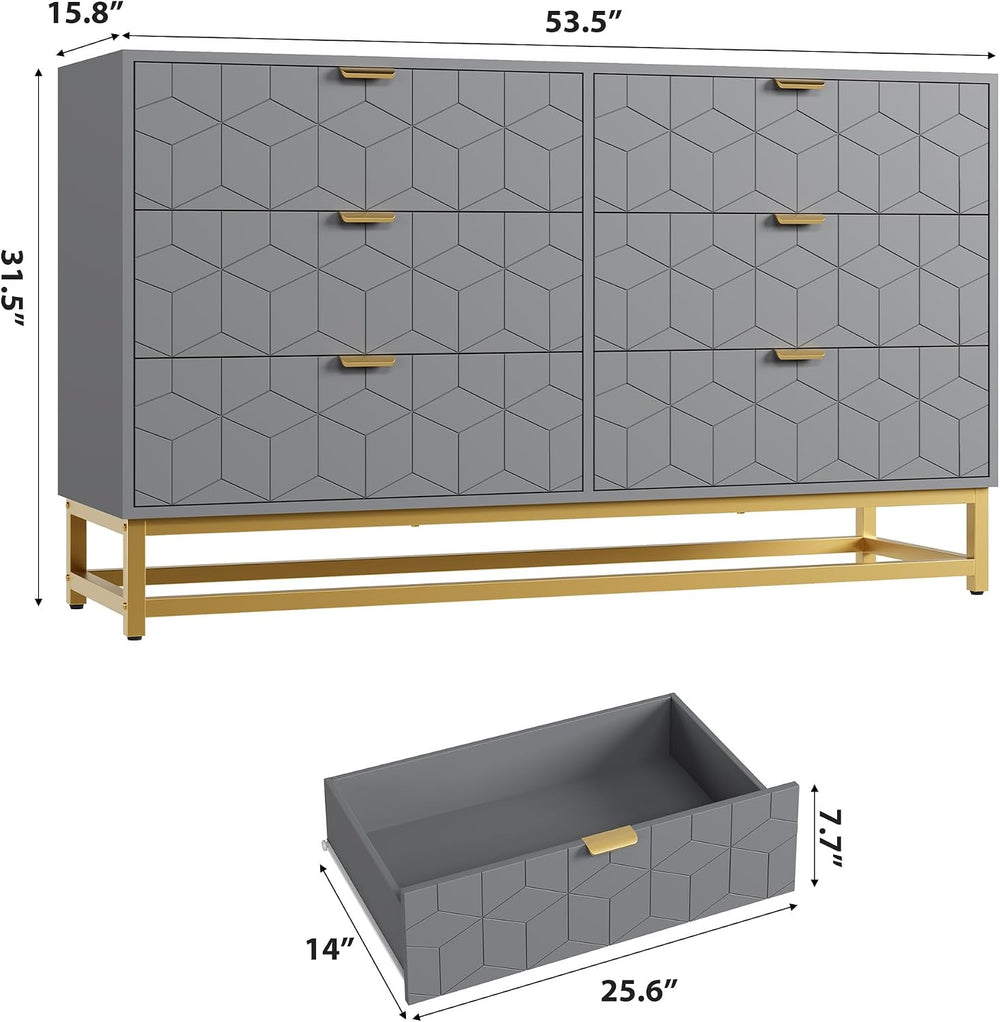 IDEALHOUSE Grey 6 Drawer Dresser for Bedroom, 53.5” Large Dresser with Metal ...
