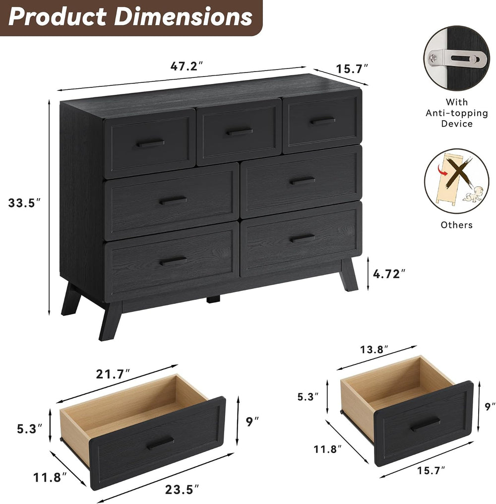 YANSNWO Black 7 Drawer Dresser for Bedroom, 47" Wide Chest of Drawers