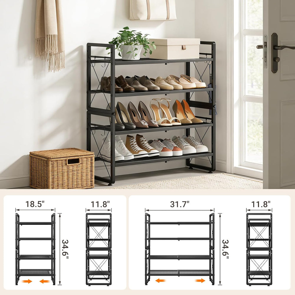 Expandable Shoe Rack for Closet, 4-Tier Metal Black Shoe Organizer