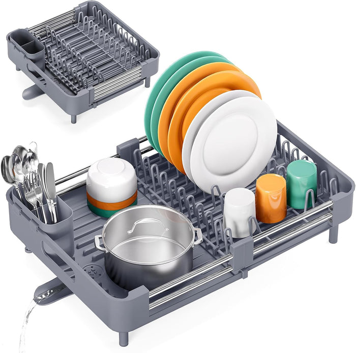 TOOLF Expandable Dish Drying Rack for Kitchen Counter, Standard, Grey