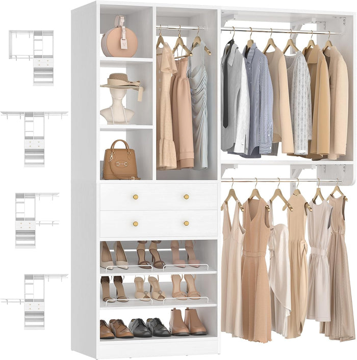 Besiost Closet System - 60"/92" Closet System with Drawers, 5FT/7.67FT Closet Organizer System with Reversible Hanging Shelving and Hanging Rods, for Small/Walk-in Closets, White
