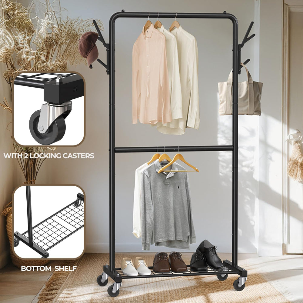 Simple Houseware Double Rod Clothes Rack with Wheels, Hooks & Shelf, Black