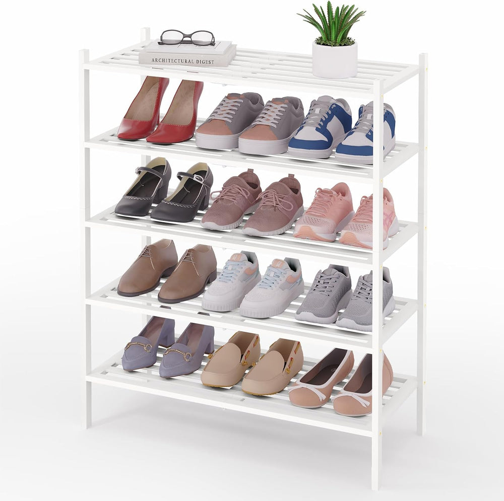 Smiry Bamboo Shoe Rack, 5 Horizontal Slats, 5 Tier - 26.8" Wide, White