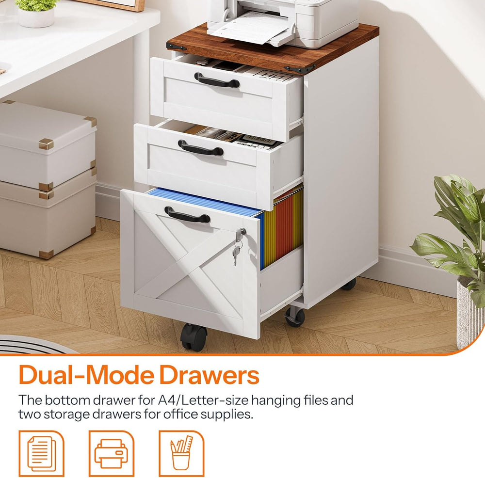 HOOBRO 3 Drawer File Cabinet with Lock, Mobile Farmhouse Filing Cabinet for A...