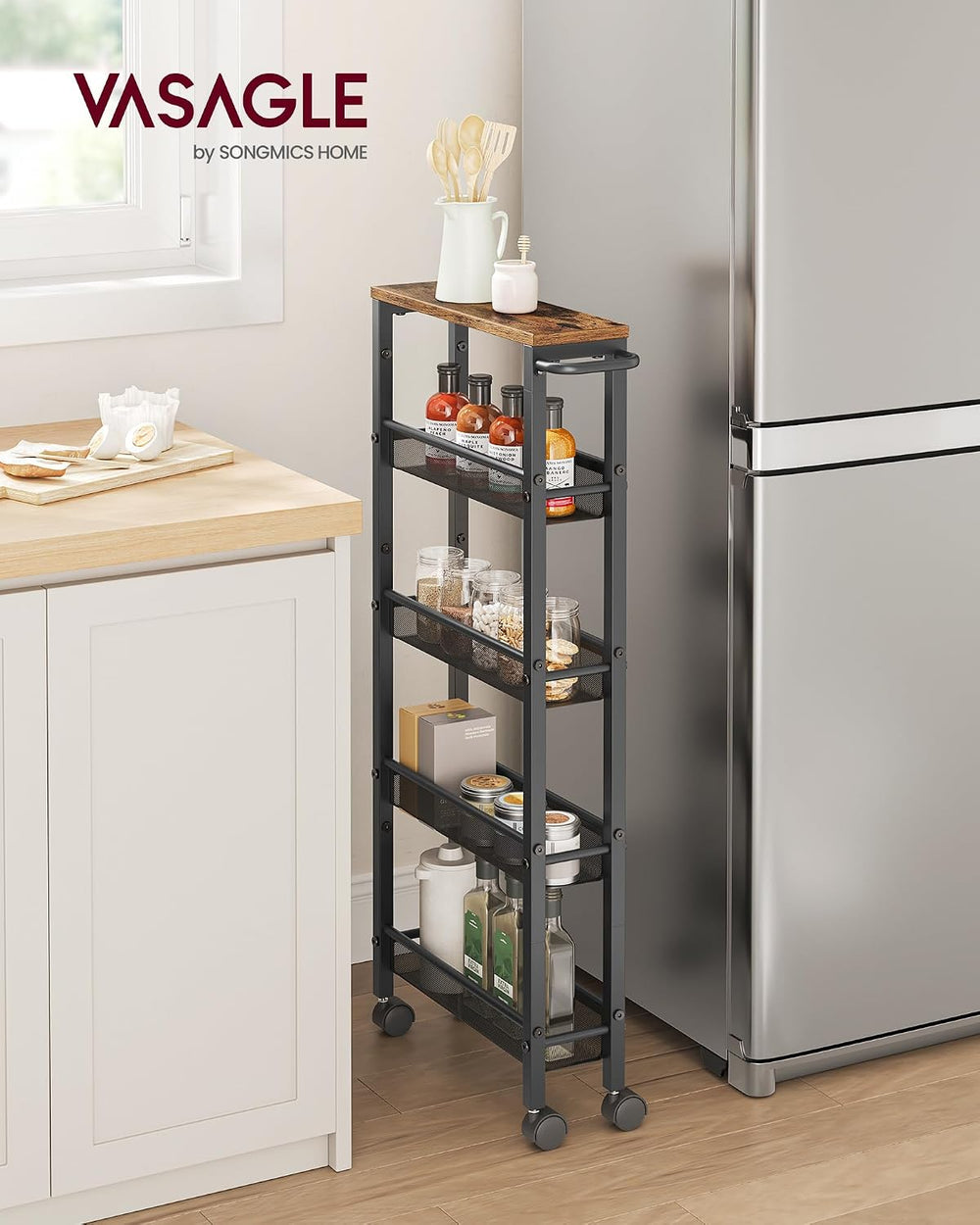 VASAGLE 5-Tier Slim Rolling Storage cart with Wheels, 5.1 Inches, Metal