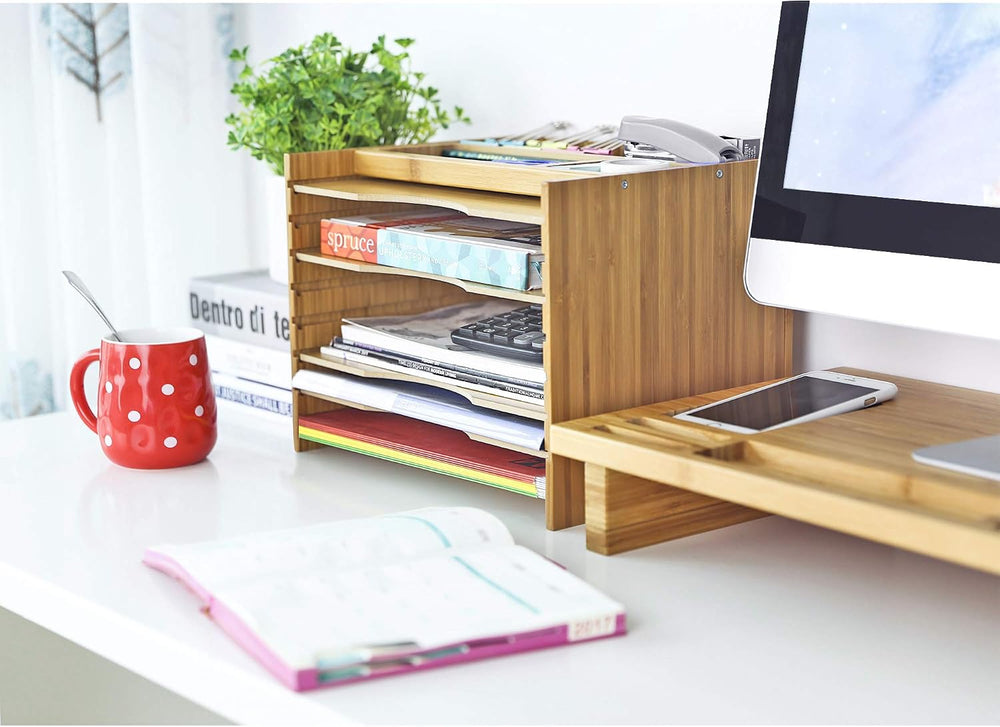 SONGMICS Bamboo File Organizer, Paper Sorter, 5 Adjustable Shelves