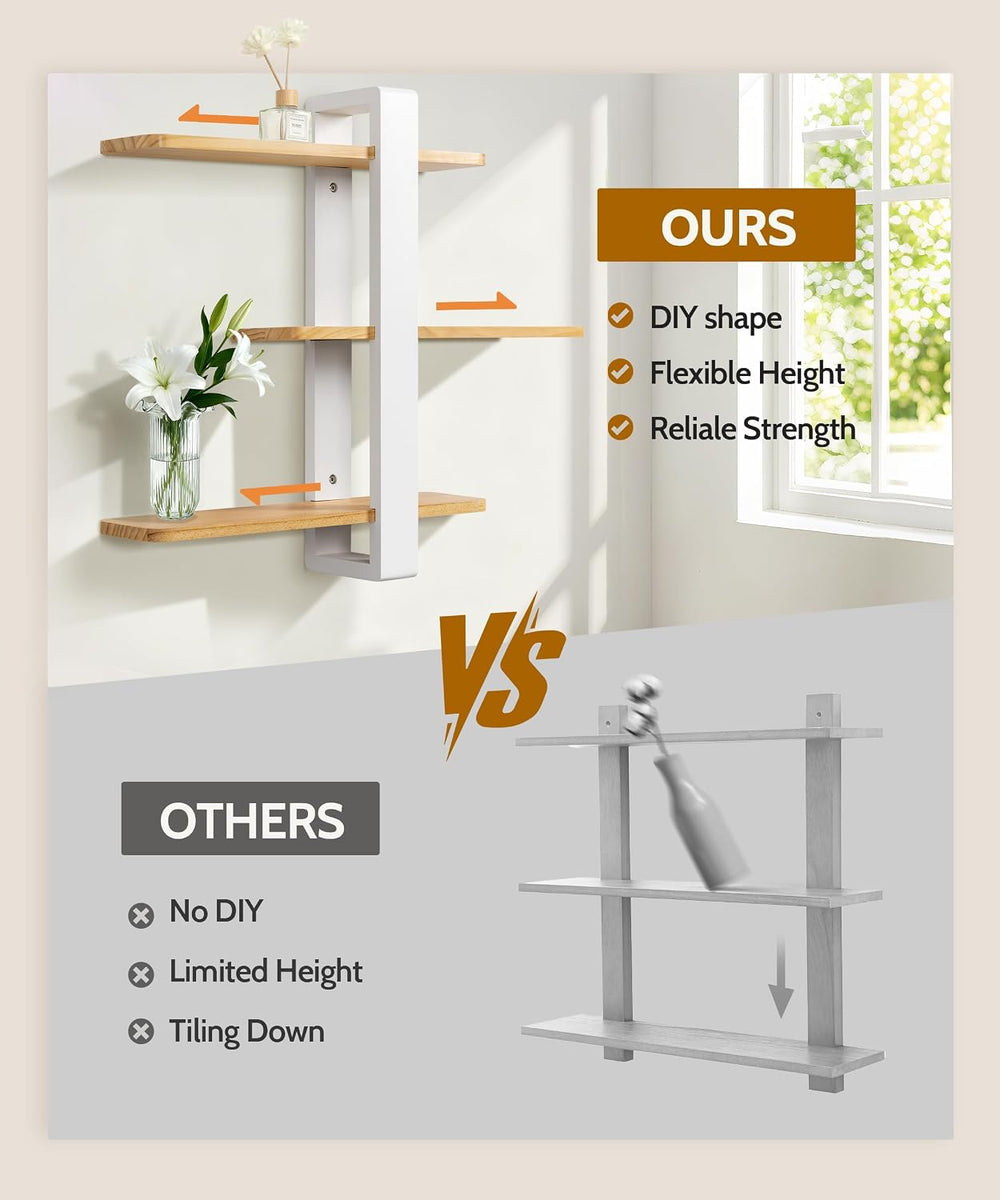 SUMGAR Floating Shelves for Wall, 3 Tier White Wood Adjustable Shelf Unit