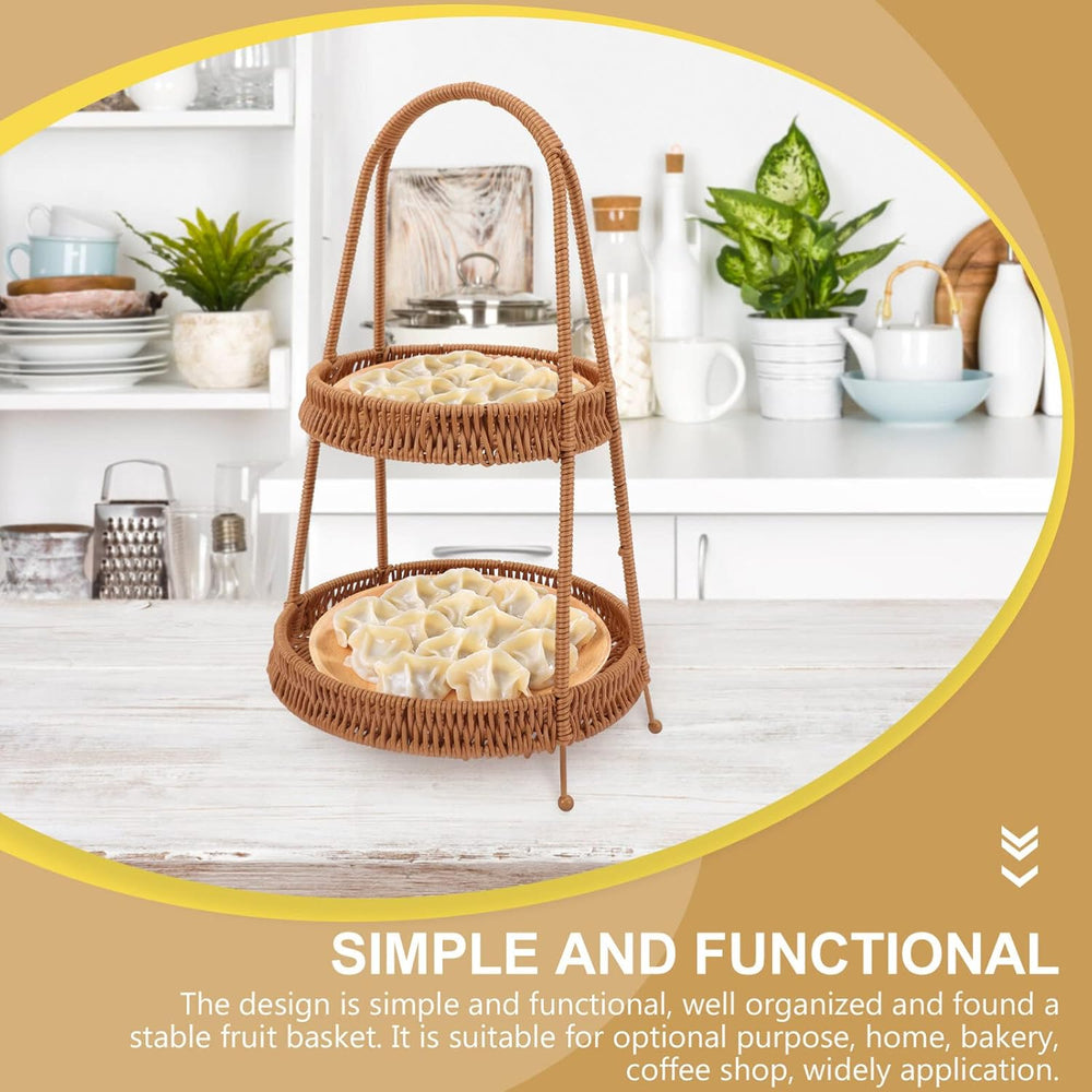 Kichvoe Handwoven Wicker Serving Baskets with Stand 2-tier Rattan Serving Tra...