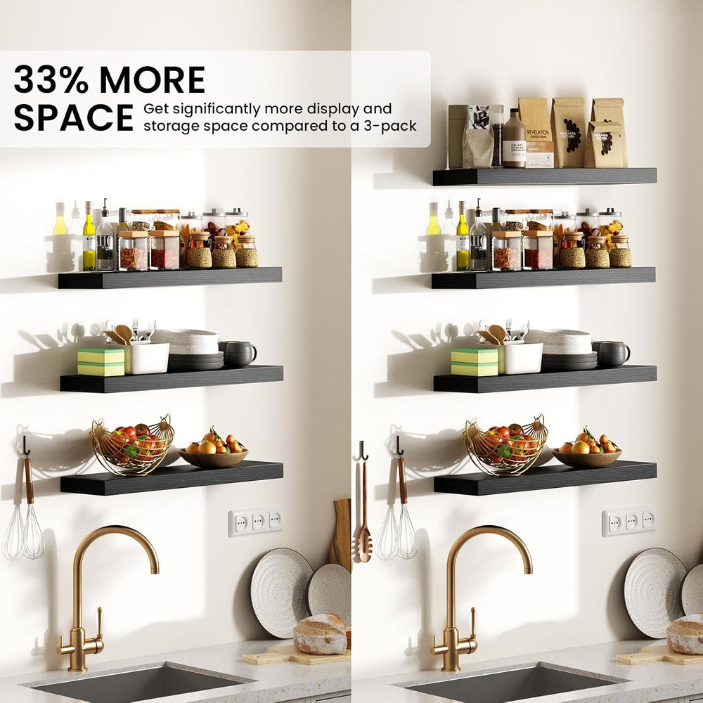 BAYKA Black Floating Shelves 15.7in, Set of 4, Wall Mount Rustic Wood Shelf