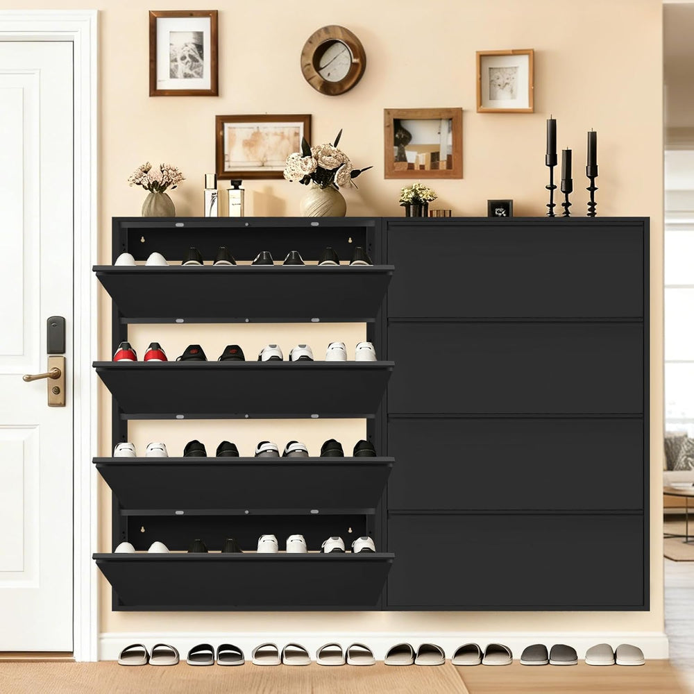 Shoe Storage Cabinet with 4 Flip Drawers, Hidden Slim Narrow Shoe Rack Cabine...