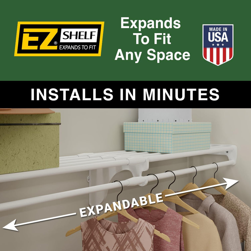 EZ SHELF Closet Shelf with Hanging Rod - 28-48” Expandable, White, Closet She...
