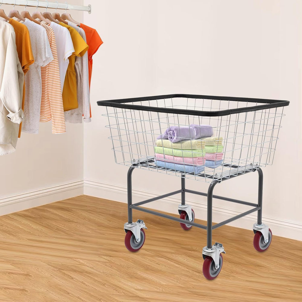 Heavy Duty Steel Wire Laundry Cart with Wheels, Rolling Laundry Basket Galvan...