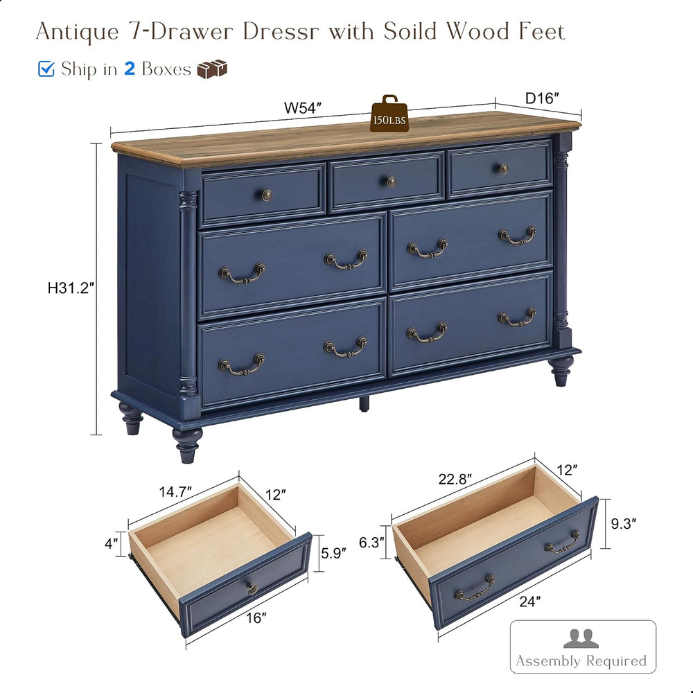 T4TREAM Farmhouse 7-Drawer Dresser with Solid Wood Feet, Antique Blue