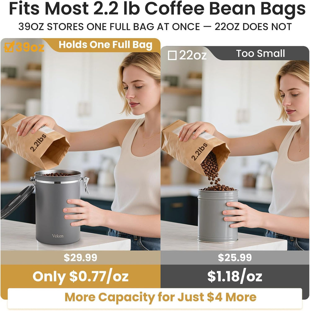 Veken Coffee Canister,39OZ, 2.2lbs,Large Airtight Stainless Steel Container