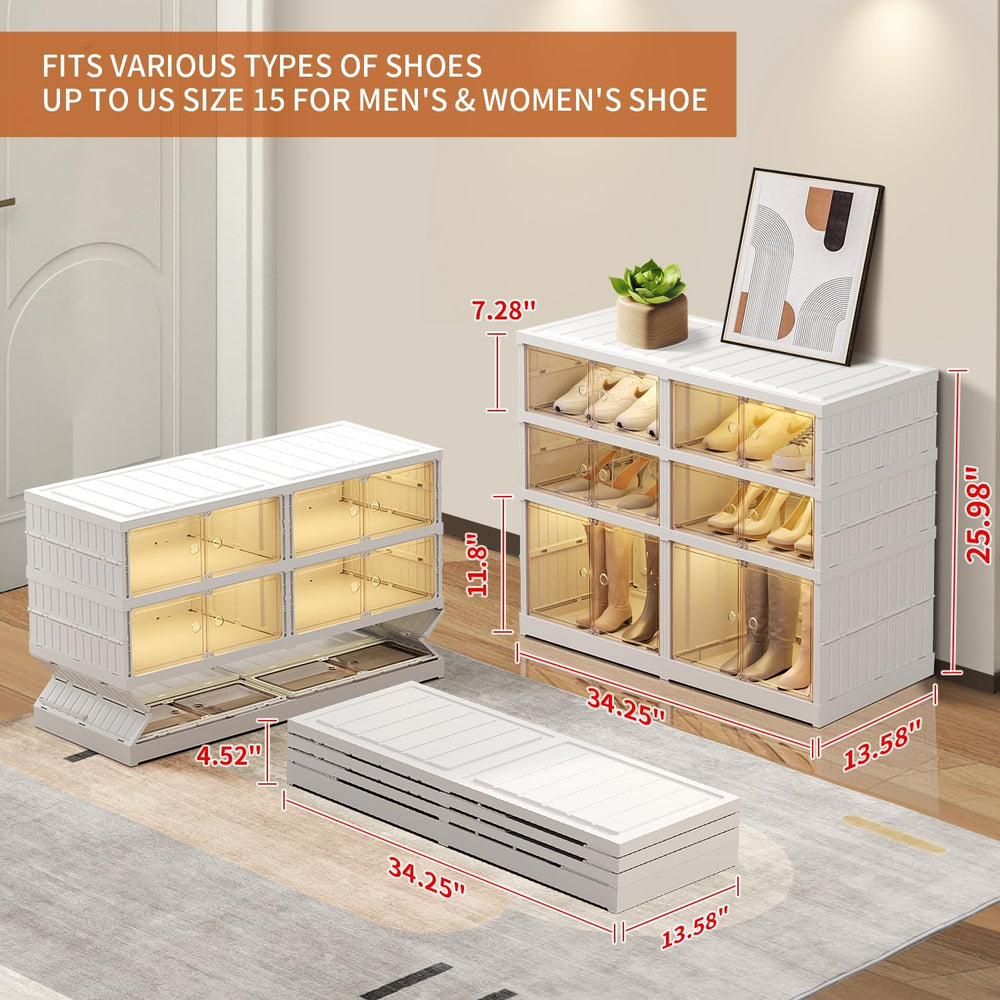 EHAMILY 3-Tier Foldable Shoe Rack Organizer, Magnetic Doors, 12 Pairs,White