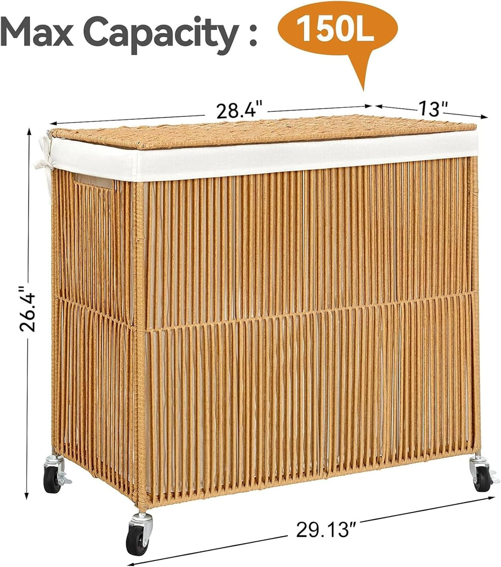WOWLIVE Laundry Basket 3 Section, Handwoven Laundry Hamper with Wheels