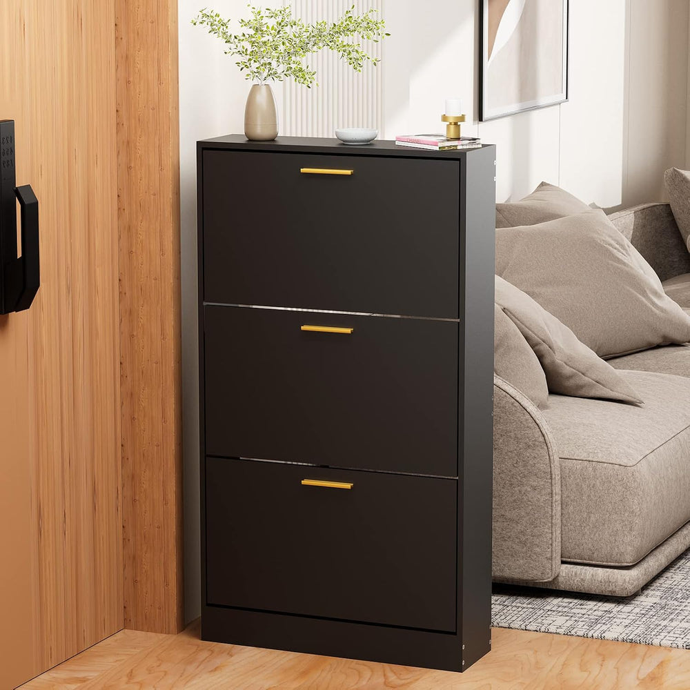 JOZZBY Modern Shoe Cabinet Storage with 3 Flip Drawers, Black丨Slim Freestandi...