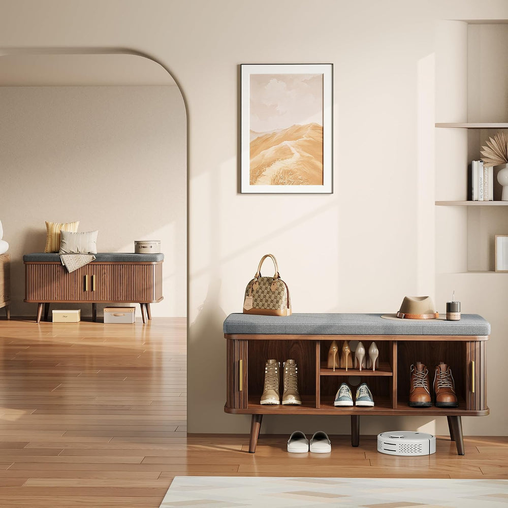 Decofy Shoe Storage Bench with Cushion and Sliding Doors, 39 Inch Shoe Bench ...