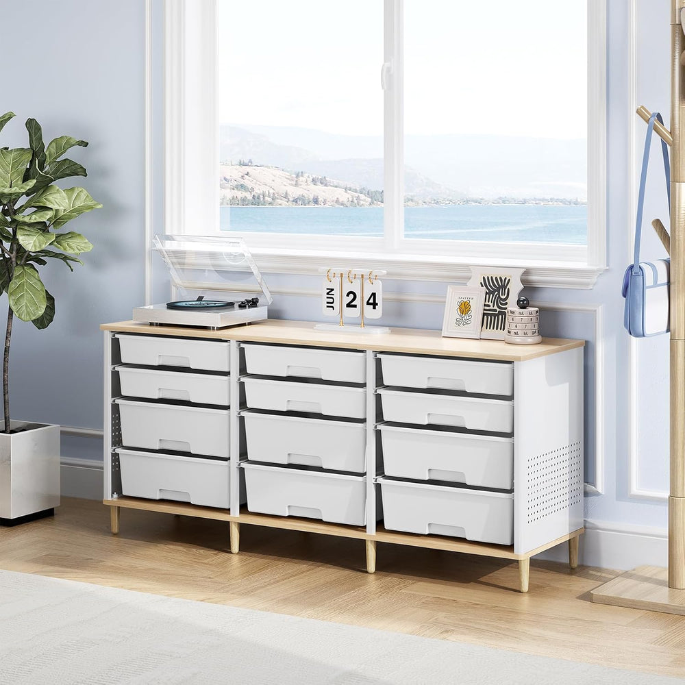 TOOLF 12 Drawers Storage Cabinet with Wooden Top and Plastic Bins, White