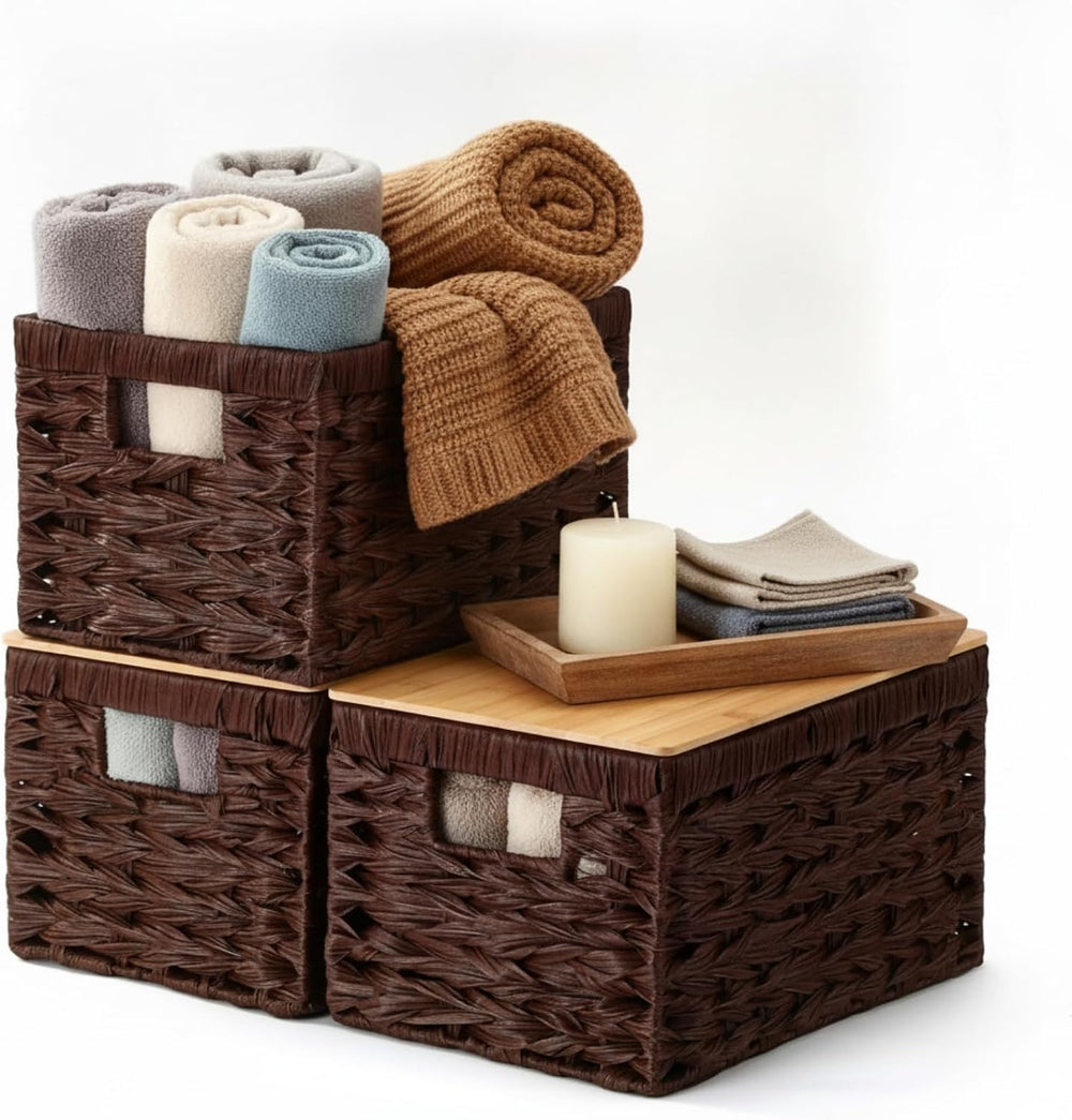 Briwooody 3 Pcs Wicker Storage Baskets with Bamboo Lids 13 x 8.7 x 7.1 Inch S...