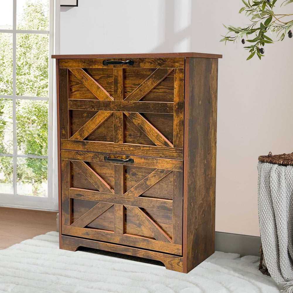 Farmhouse Narrow Shoe Storage Cabinet Set of 2, Space-Saving Freestanding Sho...