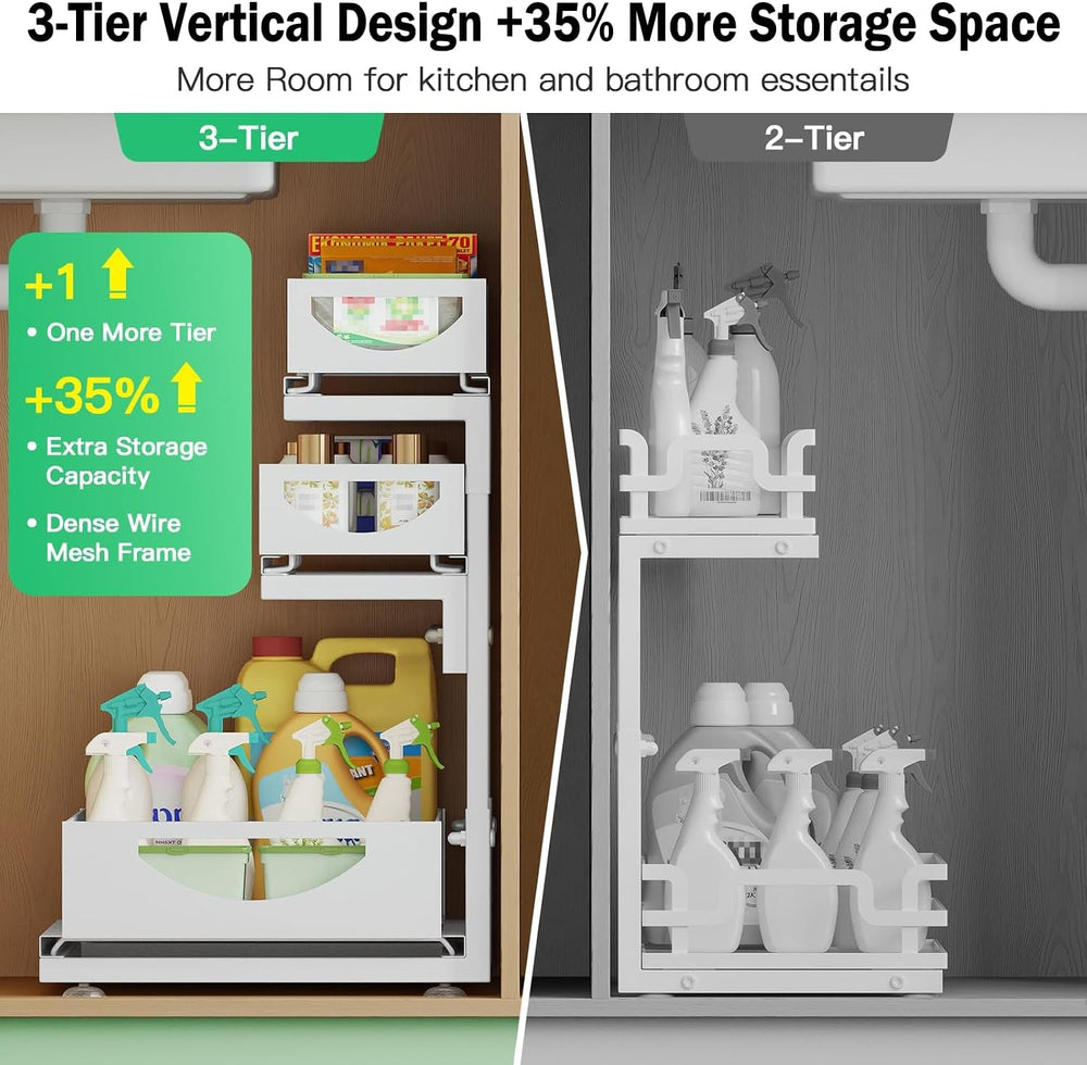 Under Sink Organizer, 2-Pack 3-Tier Pull Out Cabinet Organizers and Storage