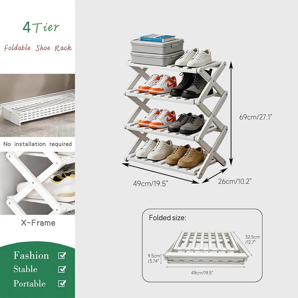 4 Tier Bamboo Shoe Rack White,Portable Folding Shoe Storage Rack,Without Inst...
