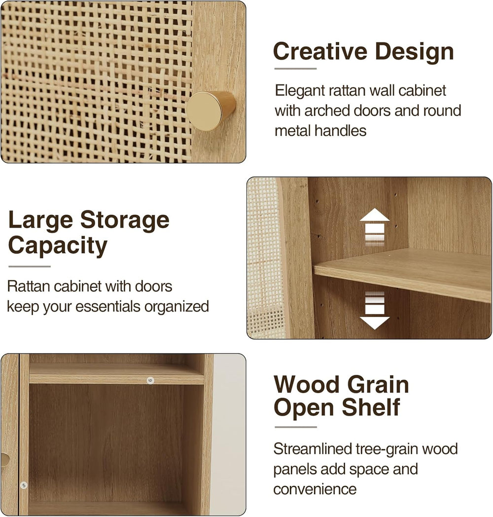 Rattan Bathroom Wall Cabinet with Door, Boho Medicine Wall Cabinets with Adju...