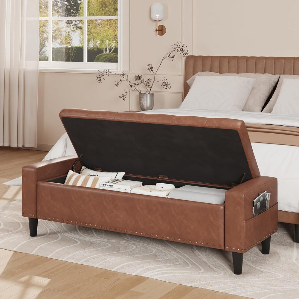 60" Storage Ottoman Bench, Faux Leather Upholstered Bed Bench, Brown