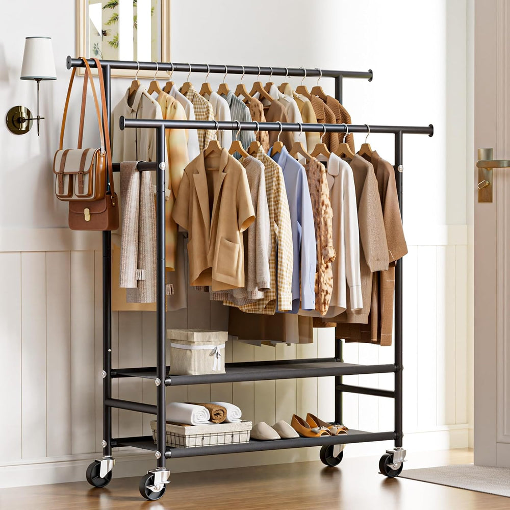 HYSEYY Clothes Rack,Double Rods Rolling Clothing Rack for Hanging Clothes,Por...