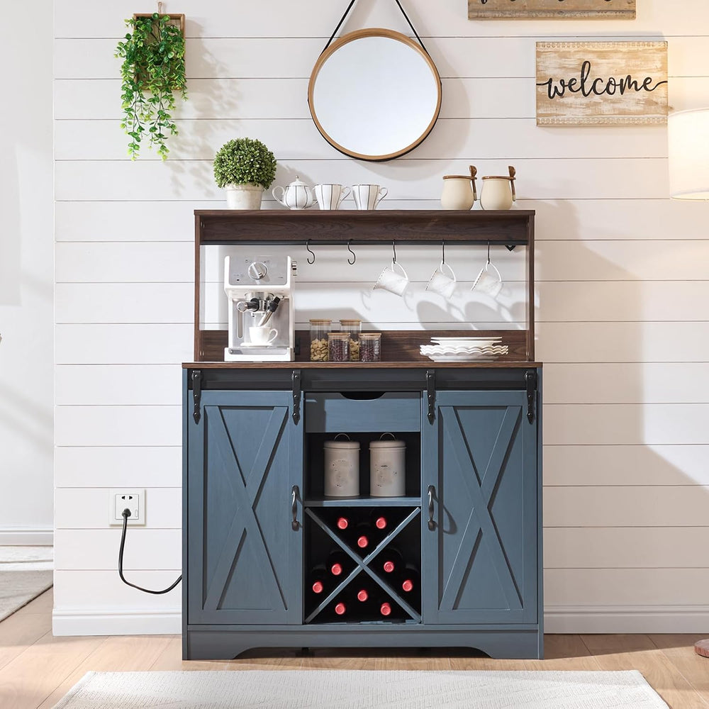 Wnutrees Farmhouse Coffee Bar Cabinet with Charging Station and USB, Blue