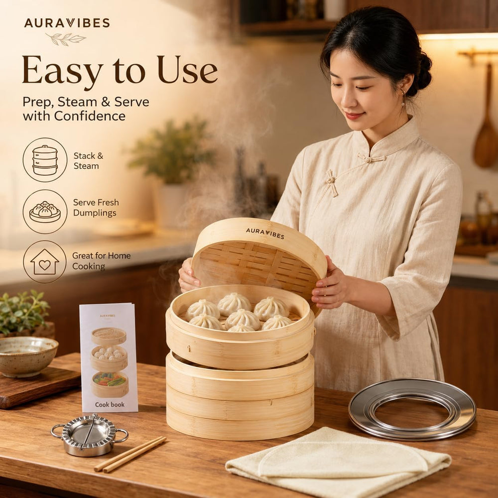 Bamboo Steamer Basket 10 Inch 2 Tier