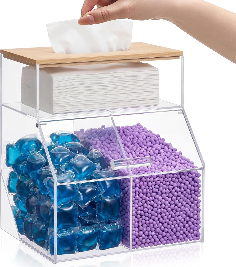 Juexica 3 in 1 Acrylic Laundry Containers for Organizing with Bamboo Lid