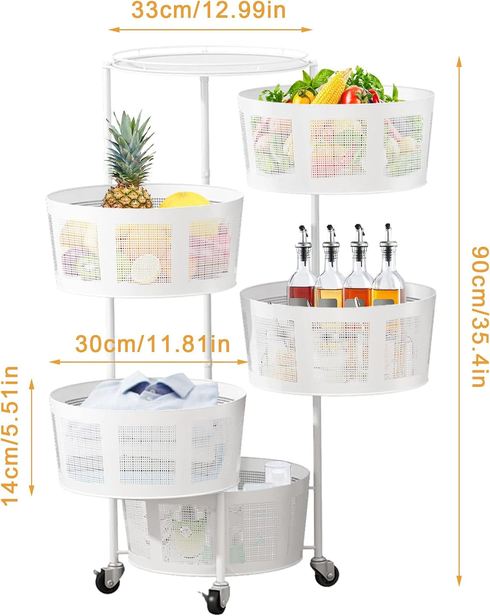 LIBOOI 5 Tier Rotating Storage Rack with Metal Shelves, Kitchen Basket, Food ...